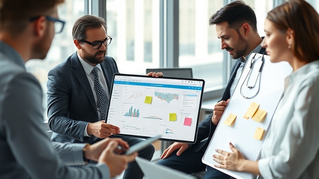 Génération de leads B2B : équipe commerciale analysant un pipeline de prospects sur écran