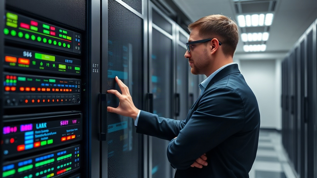 Hébergement web professionnel : baie de serveurs et écran de supervision en data center