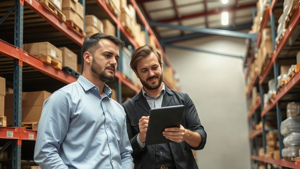 Équipe en entrepôt vérifiant un logiciel de stock sur tablette