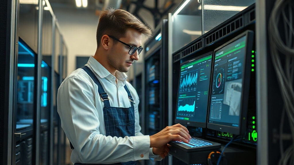 Technicien effectuant une maintenance informatique sur un serveur en entreprise