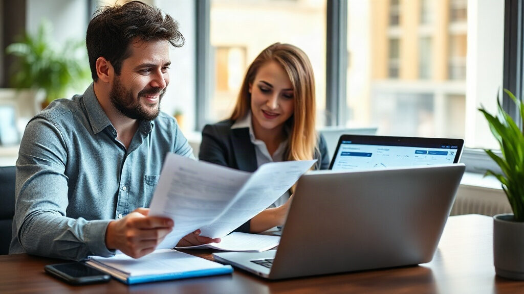 Dirigeant de PME consultant un logiciel de comptabilité sur ordinateur portable au bureau