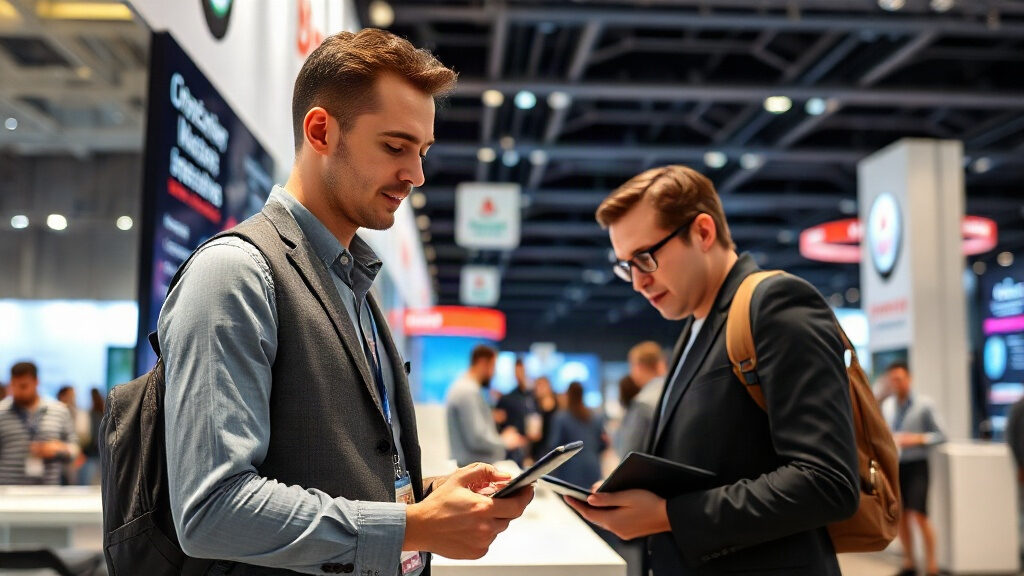 Équipe commerciale qualifiant des contacts sur un stand de salon professionnel